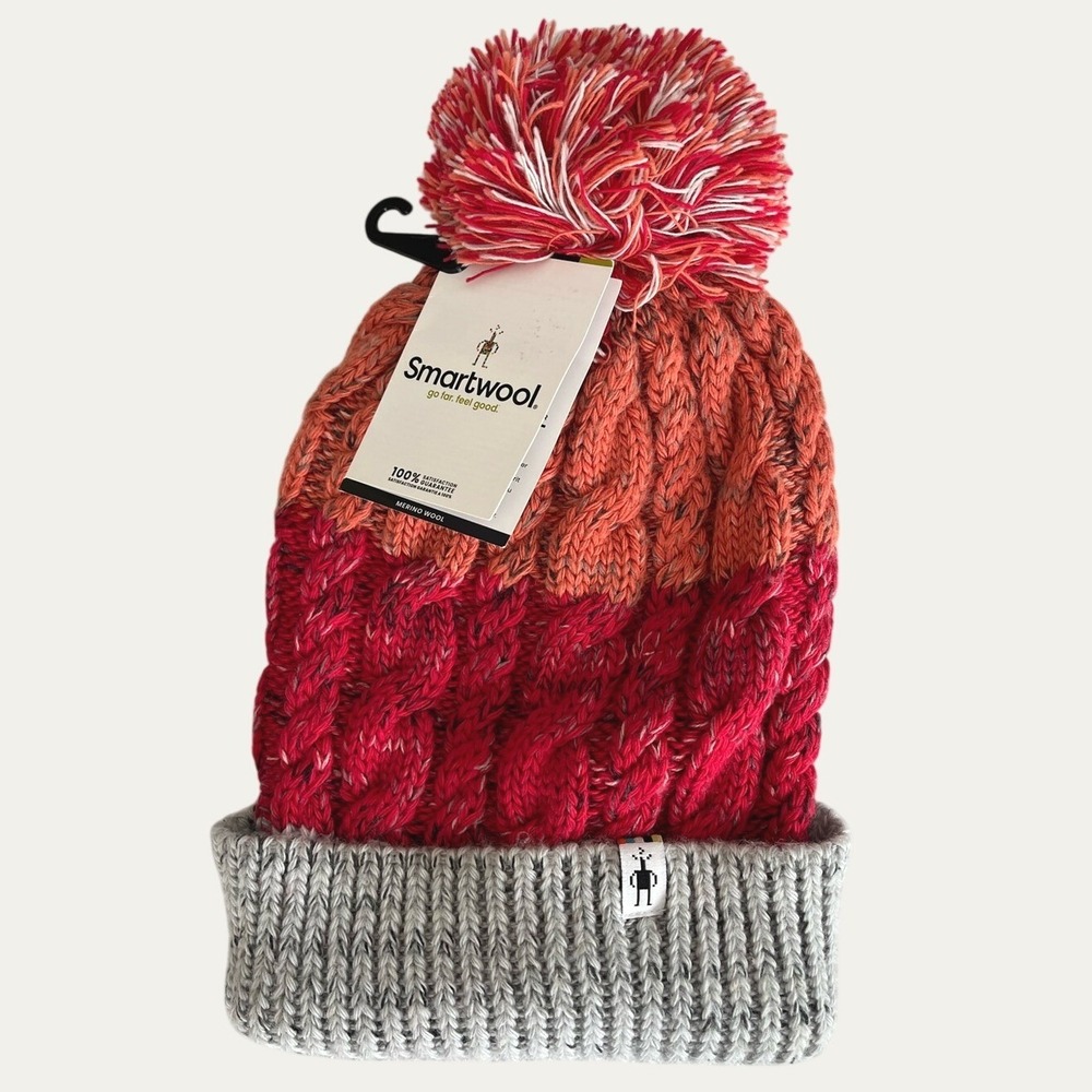 Smartwool Isto Retro Beanie Pomegranate Merino Wool Pom Cable Knit Cozy Hat NWT
